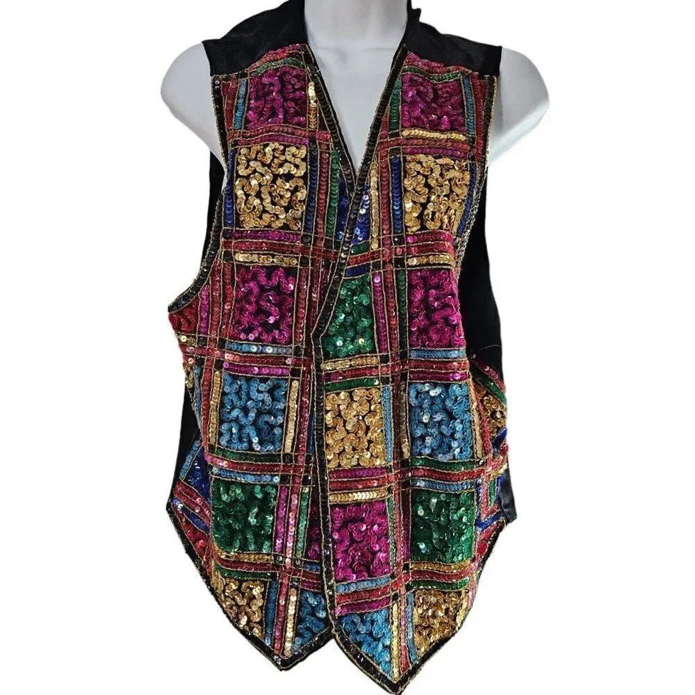 Vintage 90s Vest Womens Size Large Black Rainbow Sequins SparkleβEras